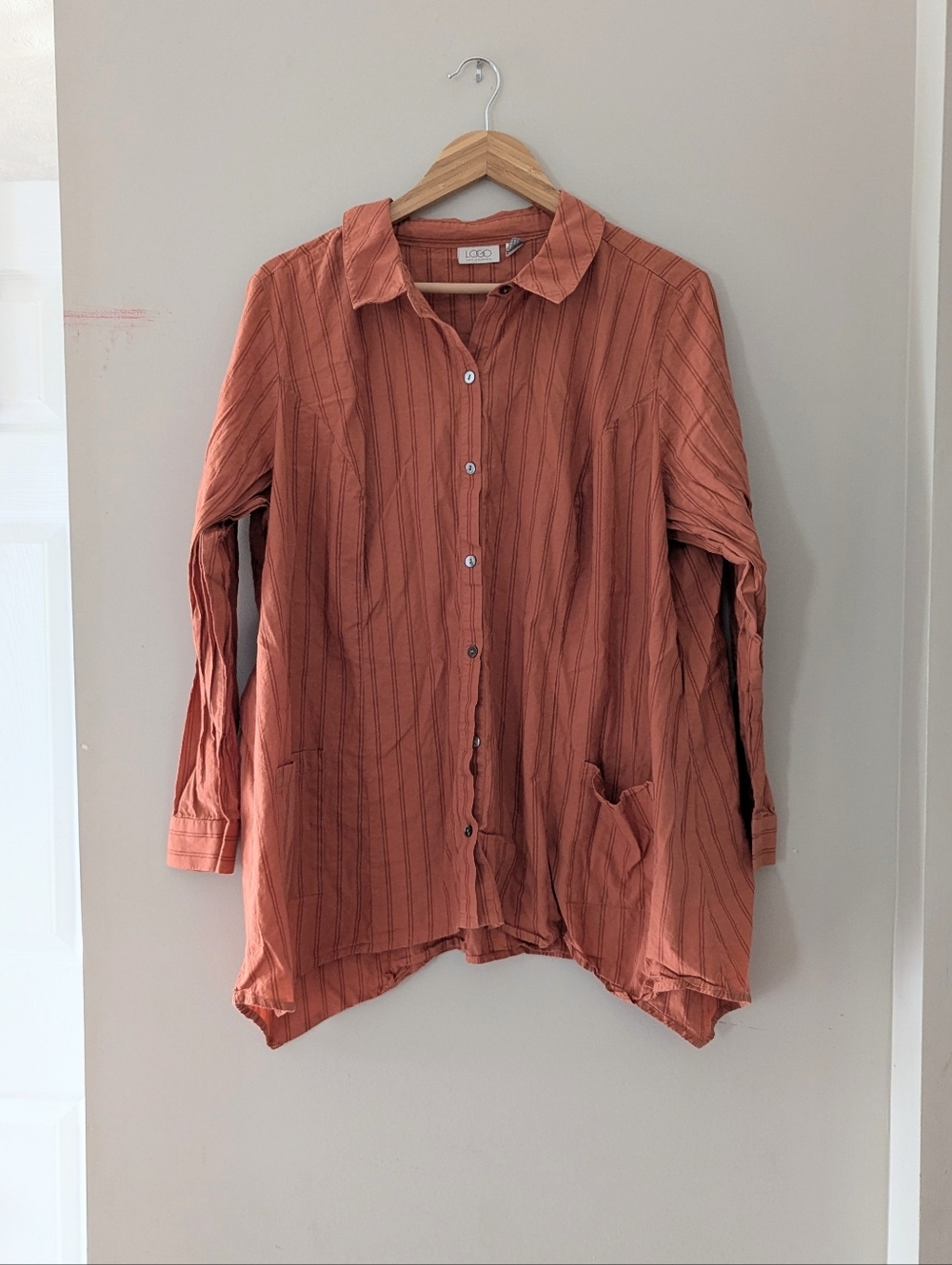 LOGO Lori Goldstein Rust Orange Striped Button Down Shirt 1X